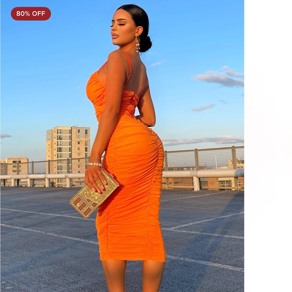 Fashion Nova Vibrant Orange Ruched Midi Dress